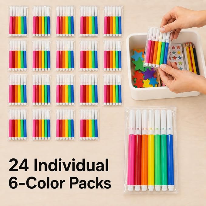 144 Pcs Mini Washable Markers for Kids, Bulk Markers 6 Assorted Colors