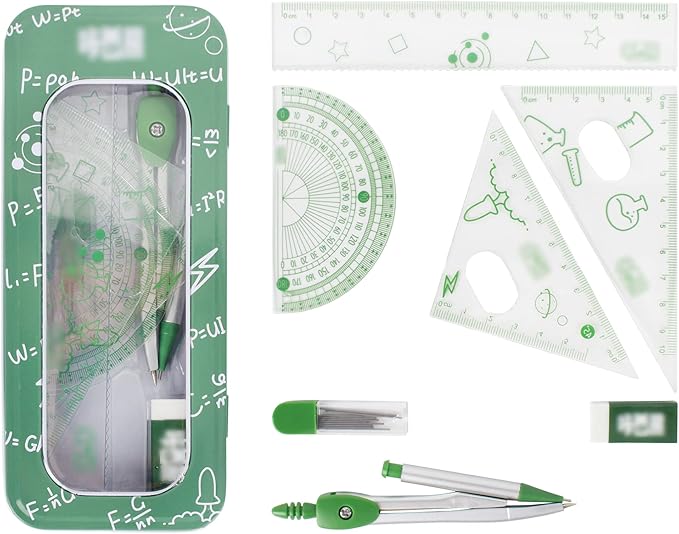 LABANCA 8 Pcs Compass Set with Protractor Rulers Pencil for Math Geometry (06970Green)