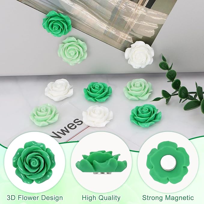 20 Pcs Rose Fridge Magnets, 1.1 Inch Cute Flower Fridge Magnets, 3D Colorful Refrigerator Decorative Magnet for Whiteboard Locker Cabinet (Green-3 Colors-Rose)
