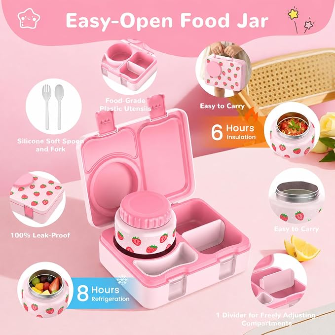 Kids Insulated Lunch Box with 8OZ Thermo Food Jar | Leakproof Bento Box with Ice Pack Sauce Cup Utensils Removable Tray & Dividers for School Daycare Travel, Strawberries