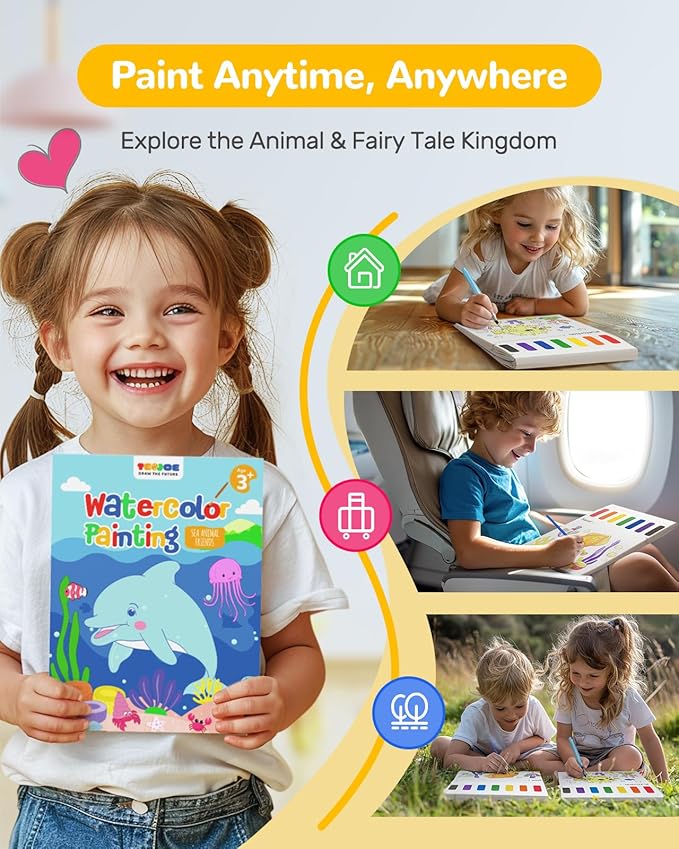 TECJOE Paint with Water Coloring Books for Toddlers, Marine Animal Series Watercolor Set with 3 Brushes, Mess Free Painting Activity for Kids Ages 4 5 6 7 8, Arts & Crafts Toy