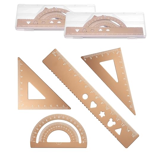 PATIKIL 8 Pcs Geometry Drafting Tool, Aluminum Alloy Geometry Kit Math Tool Includes 15cm L Ruler Protractor Triangles for Drafting Angle Measure Simple Science Experiment, Gold