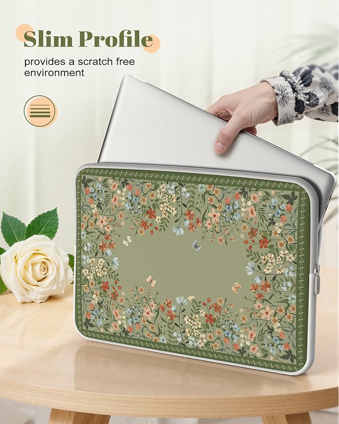 iCasso Computer Sleeve 13 inch,Stylish Girly Laptop Bag Green,13-13.6 inch Waterproof Laptop Sleeve Compatible with MacBook Neo/Air/Pro 13-14 Sleeve, HP Dell ASUS Lenovo Chromebook Notebook, Flowers