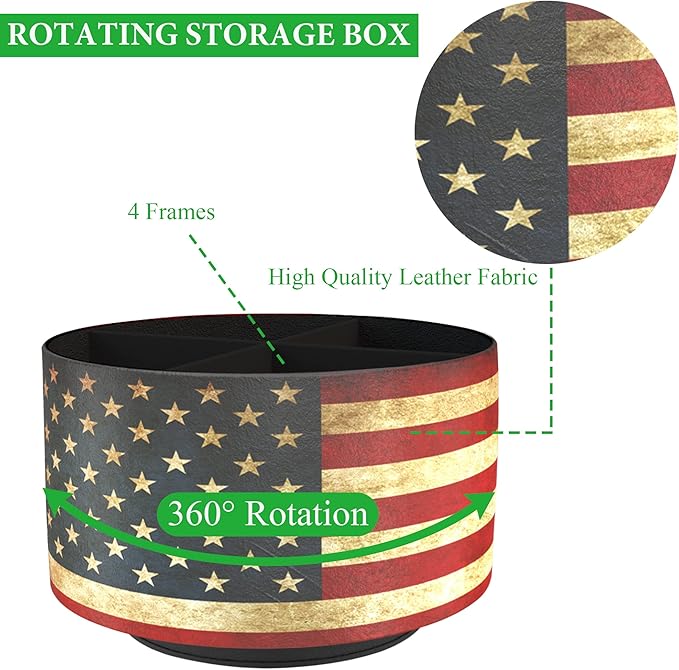 Round Leather Art Supply Organizer,Remote Control Holder,360 Degree Rotating,Multi-Functional Pencil Holder,4 Compartments Desktop Stationary Organizer(1-American Flag)