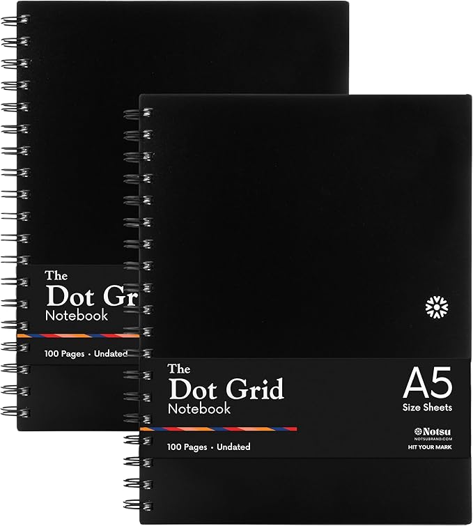 Notsu Dot Grid Notebook 2pk | Minimalist Bullet Dotted Journal, 100 Pages, Thick Paper 120 gsm, A5 Size 5.8" x 8.3", Black