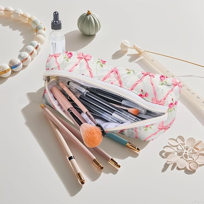 Cute Quilted Pencil Case for Girls Women, Aesthetic Small Floral Pencil Pouch,Slim Soft Pencil Bag for School Supplies Makeup Pouch for School & Daily Use (pink bow)