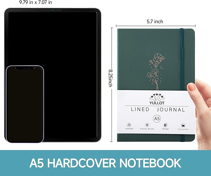 Lined Journal Notebook –A5 PU Leather Hardcover Notebook, 100gsm Thick Bleedproof Paper with Inner Pocket – 192Pages Lined Writing Journal for Students Women Note Taking - Sage Green