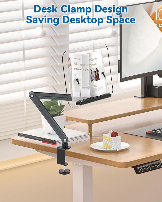 Desk Clamp Acrylic Book Stand for Reading, Ergonomic Design Adjustable Height up to 20 inches with Rotating Bases Cookbook Stand, Suitable for Recipe, Sheet Music, Tablet(Gray)