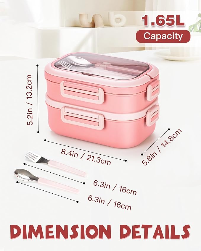 Lille Home Stackable Lunch Box, 2 Tier Stainless Steel Bento Lunch Box, 56oz Large Capacity Leakproof Lunch Containers, 4-Compartment Lunch Box with Utensils for Meal Prep, Work, Picnic(Pink)