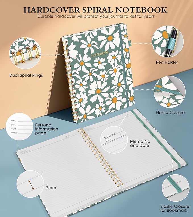 Spiral Notebook Journal 8.5” x 11”, A4 Large Notebooks for Women Men, College Ruled Lined Journal, 100 GSM Paper, Hardcover Spiral Bound Journals for Work School Note Taking Business, Field of Daisies