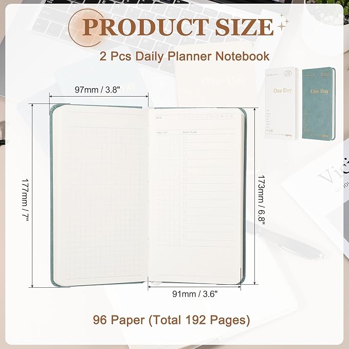PATIKIL 2Pcs Planner Notebook, 7 x 3.8" 96 Sheets Undated Daily Planner Pocket to Do List Daily Weekly Goals Notebook for Office Home Study Work Time Management Habit Tracker, White, Green