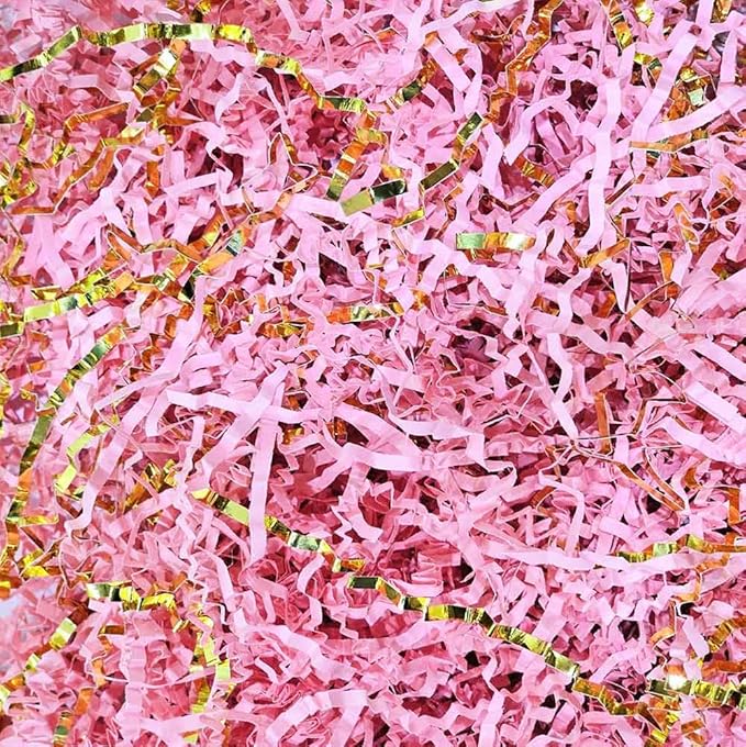 GoooodGift - 3 oz - Gold & Pink - Crinkle Cut Paper Shred Filler for Gift Wrapping, Gift Box Stuffing Birthdays, Basket Filling Mother's Day Christmas