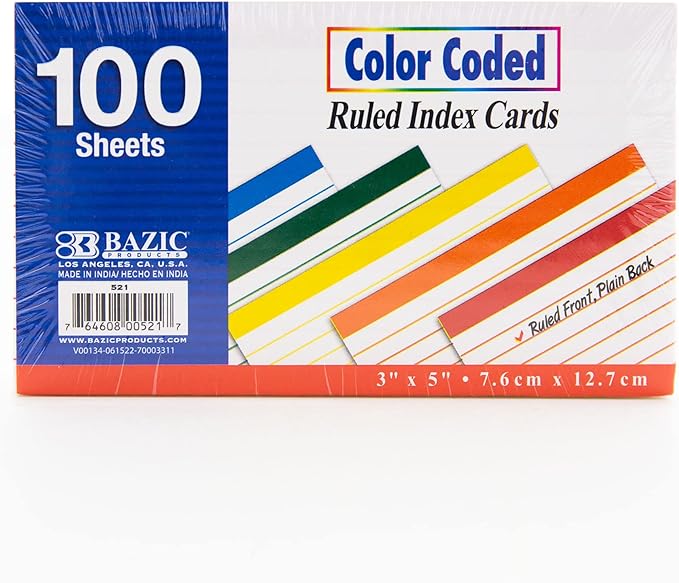 BAZIC Products Ruled Color Coded Index Card 3" X 5", Ruled Lined Card for Learning Memory Reminder, 3600 Count