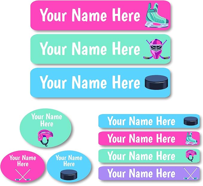 Lovable Labels Personalized Labels for Kids (85 Labels/Pack) - 3 Label Sizes Waterproof Dishwasher Safe Peel & Stick Labels for School Supplies Daycare Camp Clothing Bottles (I Heart Hockey)