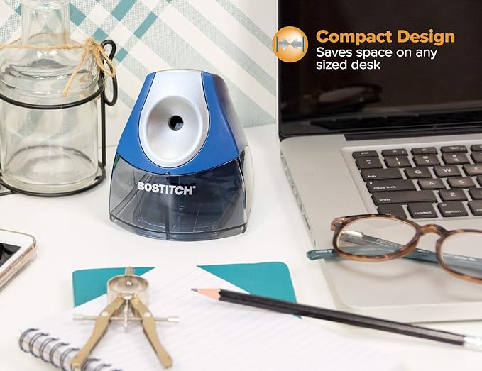 Bostitch Office Electric Pencil Sharpener for Classroom & Desk Use, Heavy-Duty Stall-Free Motor, High-Capacity Shavings Tray, Dark Blue