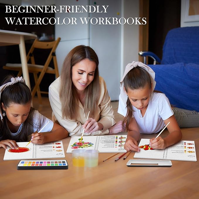 3Pcs Watercolor Workbook Paint Book Beginner Friendly Painting Kit, 36 Pages Workbooks with 24 Paint Colors & Brush for Beginners, Stress-Relieving Gift for Women Adults (Kitchen&Animals&Flower)