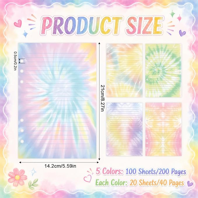100 Sheets Tie Dye A5 Planner Inserts - 120GSM Thick Rainbow Refill Paper for A5 6-Ring Binder, Watercolor 6 Hole Loose Leaf Sheets for Journal Diary Notebook Budget Creative Planning