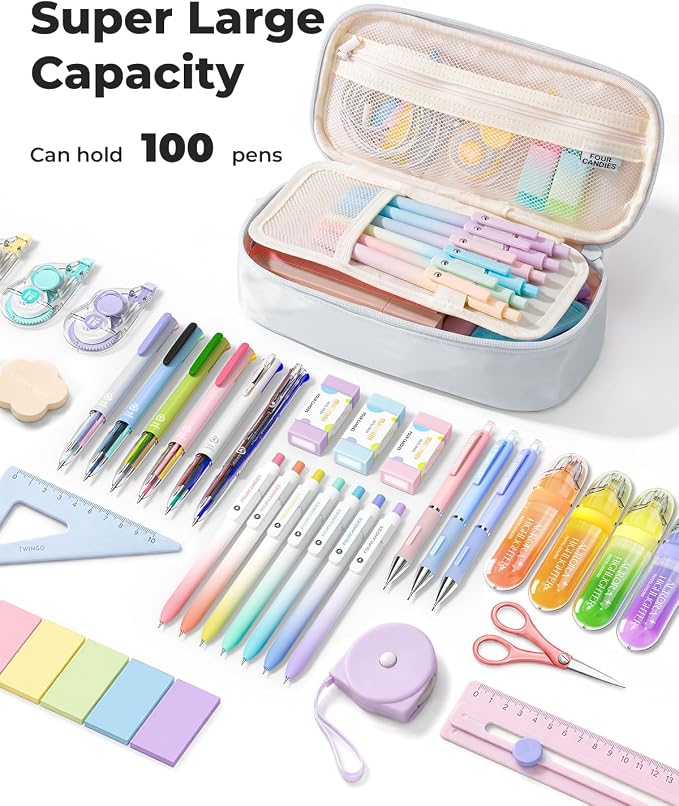 Four Candies Large Pencil Case, 5 Compartments Canvas Pen Organize | Big Capacity Pencil Pouch Bag for School Supplies, Portable Stationery Holder for Teen Girls Boy Men Women