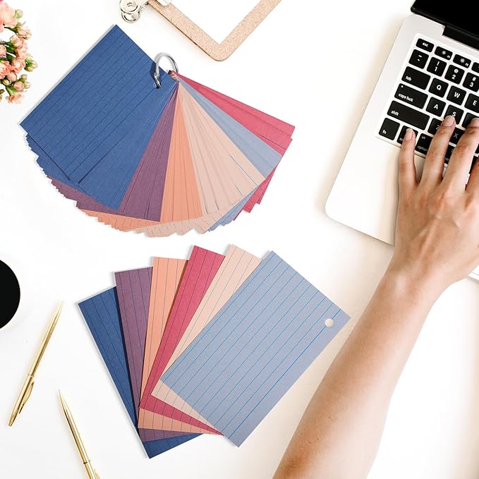 Epakh 300 Pieces Lined Index Cards 180 GSM Thick Flash Cards with Rings Notecards Punched Back to School for Studying Adults Home College Office(3 x 5 Inch,Novel Colors)