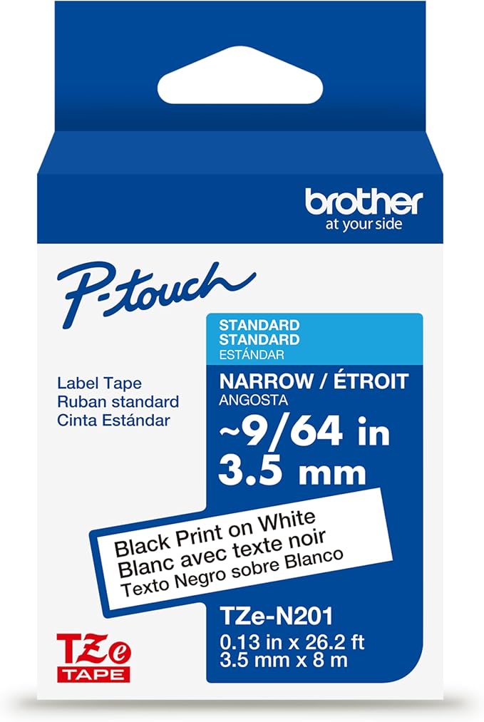 Brother Genuine P-Touch TZE-N201 Tape, 9/64" (0.13") Wide Super-Narrow Non-Laminated Tape, Black on White, Recommended for Home and Indoor Use, 0.13" x 26.2' (3.5mm x 8M), Single-Pack, TZEN201