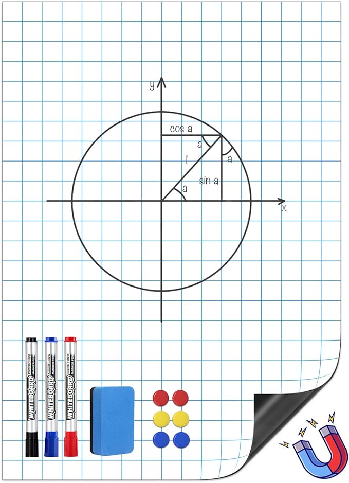 Magnetic Graph Paper for Whiteboard: 17"x24" Dry Erase White Board with Grid Lines for Classroom - Write and Wipe Giant Math Graphing Chart Poster with Markers, Magnets, Eraser
