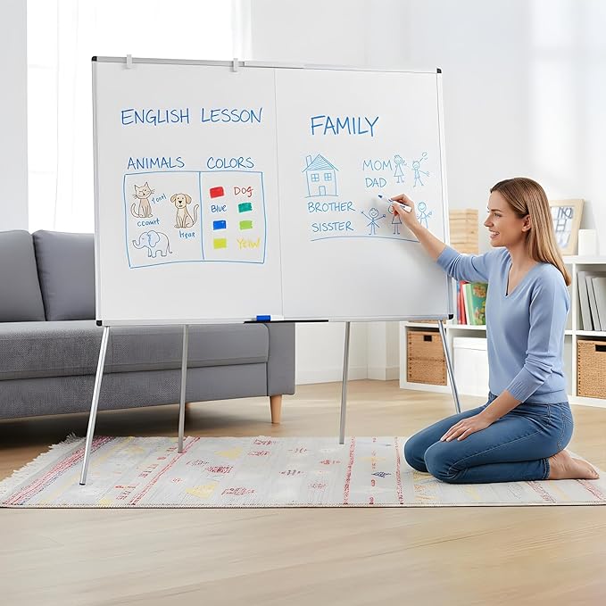 VIZ-PRO Magnetic Whiteboard Easel, 48 x 36 Inches, Portable Foldable Dry Erase Board Height Adjustable for School Office Home