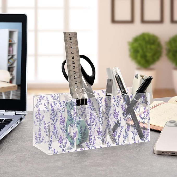 Aslsiy Purple Floral Lavenders (8) Pen Holder for Women 4 Compartments Acrylic Pencil Holder Clear Makeup Brush Holder Desk Organizer Office Supplies