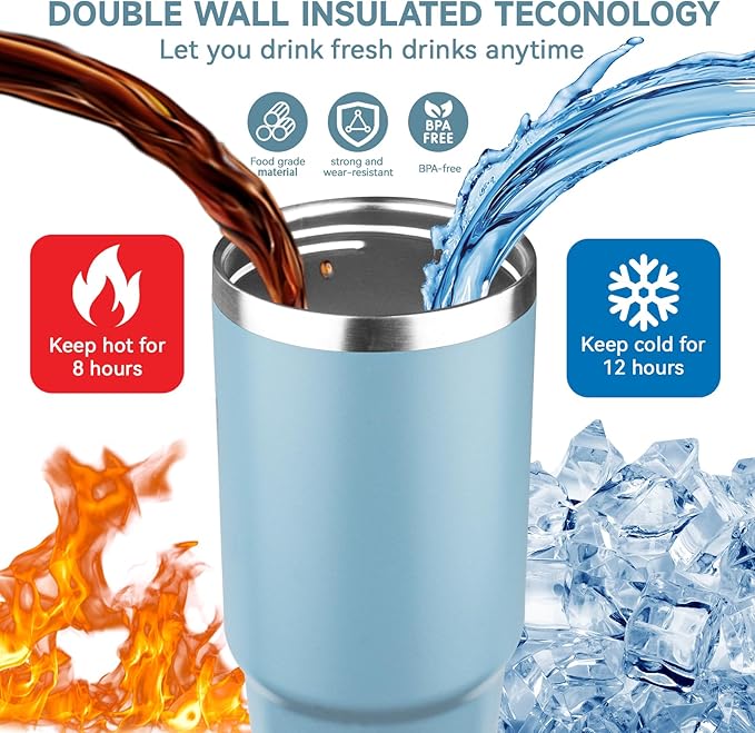 30oz Tumbler with Handle and Flip Straw Lid Double Wall Insulated Travel Coffee Mug Stainless Steel Vacuum Insulated Coffee Tumbler Cup for Hot and Cold Beverages,Leak-proof (30oz,Glacier blue)