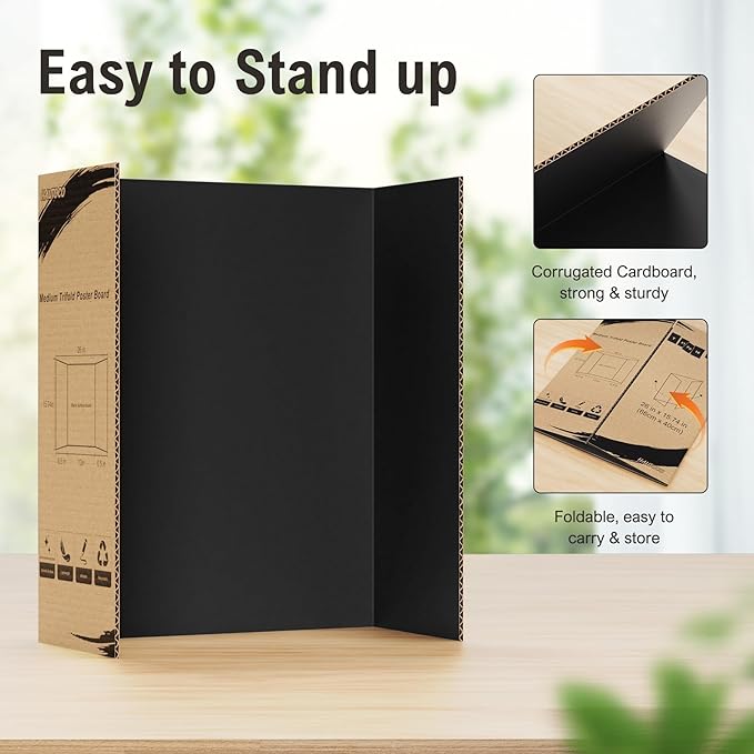 HAUTOCO 6 Pack Trifold Poster Board 26'' x 15.74'' Medium Tri Fold Project Boards Black Corrugated Presentation Cardboard for Science Fairs, School Projects, Event Displays, Business