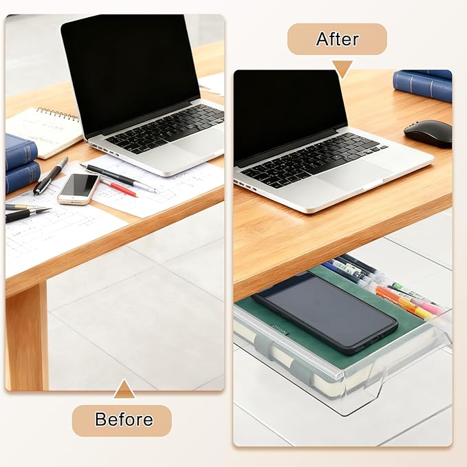 2 Pack Under Desk Drawer Organizer, Self Adhesive Hidden Drawer Storage, Slide Out Desk Organizer, Space Saving Pencil & Accessories Organizer, Under Table Storage for Home Office & School, Clear