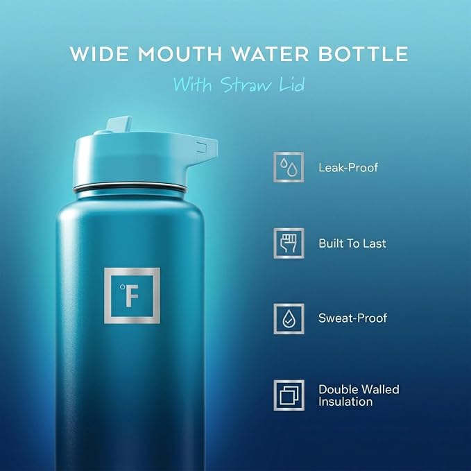 IRON °FLASK 40 oz Wide Mouth Water Bottle with Straw | Insulated Stainless Steel Sports Water Bottle with Leakproof Straw Lid - BPA Free, Cold 24 Hrs, Sweat Free (Dark Night)