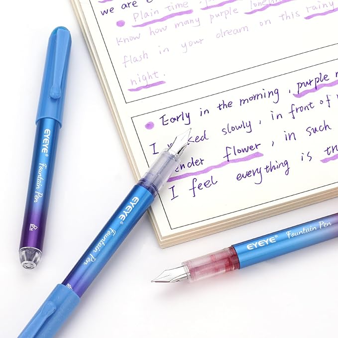 EYEYE Disposable Fountain Pens for Writing, Pack of 8 Blue Fountain Pens Medium Point Stainless Steel Nib