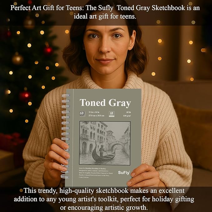 SuFly Gray Toned Sketch Pad, 11" x 14" - 60 Sheets Spiral Bound Sketchbook, 85lb/130gsm Toned Gray Paper for Graphite, Charcoal, Colored Pencils and Gel Pens.