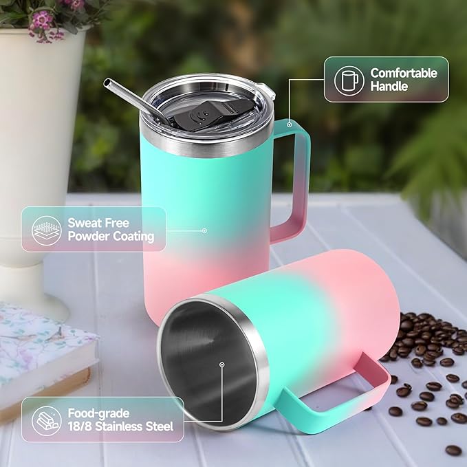 Volhoply 22oz Insulated Stainless Steel Coffee Mugs with Leakproof Lid Bulk 2 Pack,Double Wall Vacuum Travel Coffee Cup with Handle,Reusable Metal Tumbler,Camping Mug Keep Hot&Cold(Green Pink,2)