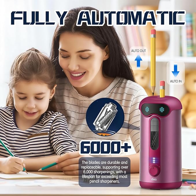 deli Electric Pencil Sharpener, Fully Automatic Pencil Sharpener, Deep Pink