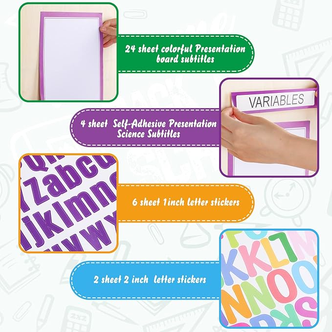 PerKoop 36 Sheets Science Fair Board Poster Boards Supplies 24 Self Adhesive Presentation Subtitles 4 Science Fair Project Titles 8 Personalized Letter Sticker for Classroom(Colorful)
