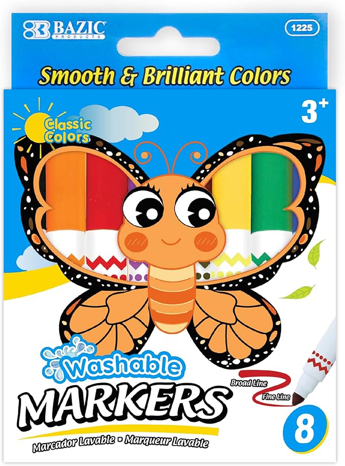 BAZIC PRODUCTS Washable Markers 8 Count Broad & Fine Tip, 24-Pack