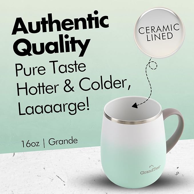 GRANDTIES 16oz Ceramic-Lined Insulated Coffee Mug with Sliding Lid, Wine-Glass Shape Thermal Tumbler with Double Walled Vacuum to Keeps Beverages Hot or Cold (Mist Sage)