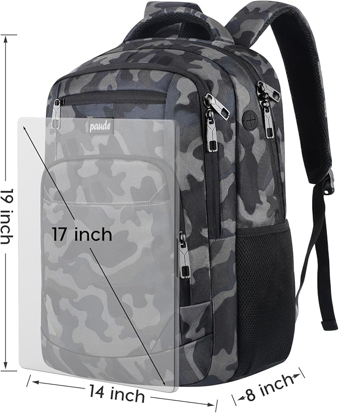 Paude 17 inch Travel Business Backpack for Men,College Backpack School Bookbag for Teens,Laptop Bookbag with USB Port and Headphone Hole,Camouflage Black