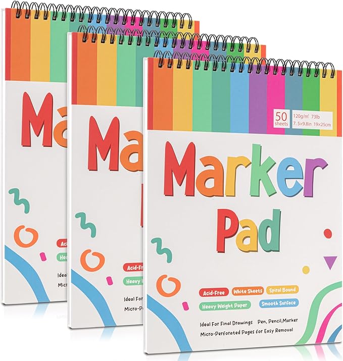 3 Pack Marker Paper Pad, 7.5×9.8 Inch Bleedproof Art Sketch Pad, 73lb/120gsm Drawing Paper Spiral Sketch Book, 150 Sheets Painting Coloring Alcohol Marker Paper for Beginners, Artists, Gift, Easter