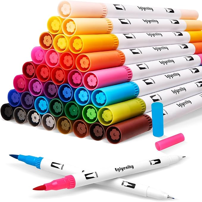 Eglyenlky Colored Markers for Adult Coloring Book, Felt Tip Marker, Dual Tip Brush Pens with Brush and Fine Tip for Adult Teen Kid Drawing (36 Colors Set)