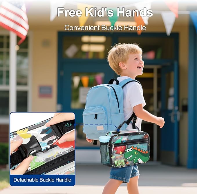 Bagseri Clear Kids Lunch Bags - Boys Lunch Box for School Reusable Snack Bag with Water Bottle Holder Stadium Approved Clear Bag, Black Cute Dinosaur