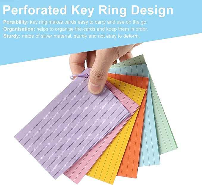 JUNART 300 pcs Index Cards(6 Colours × 50 Pages) with 6 Binder Rings, Perforated Colourful Flash Cards for Study Notes, Office, Home, etc