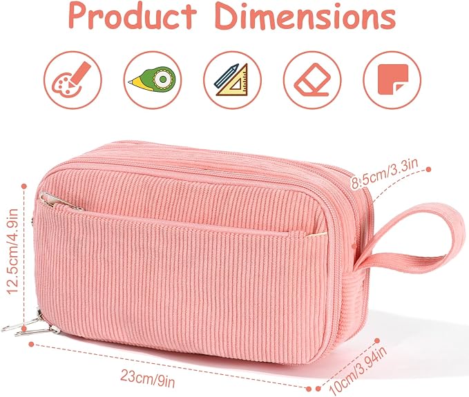 BuyCard Pink Corduroy Pencil Case, Large Capacity, Casual Style, Zipper Pouch Organizer for Teen Girls, Cute Stationery Storage and Organizer, Supplies for Teen and Adult Girls