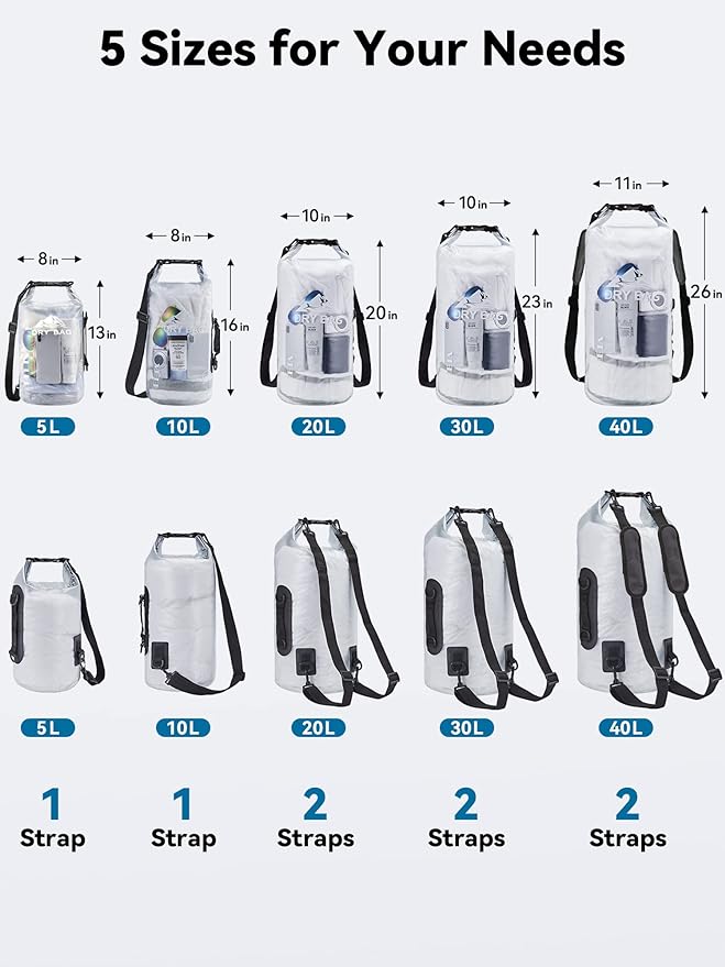HEETA Dry Bag Waterproof Backpack with Phone Case 5L/10L/20L/30L/40L | Roll Top Lightweight Dry Storage Bag for Women Men, Travel Boating Kayaking Paddle Board Camping Beach Essentials Accessories