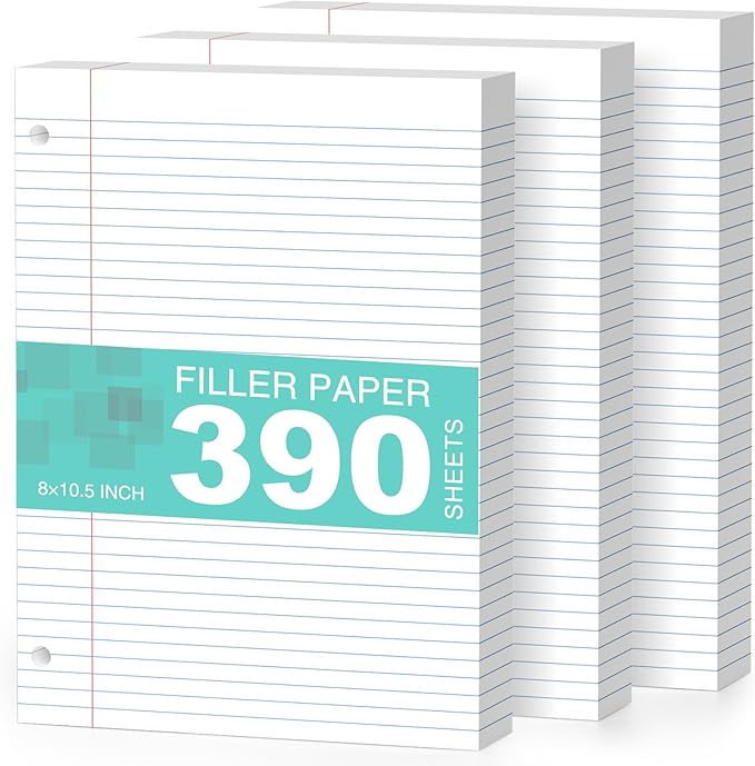 3-Pack White Loose Leaf Paper 390 Sheets Filler Paper 8 * 10.5 College Ruled 3-Hole Punched for 3-Ring Binders Notebook Lined 8" x 10.5"