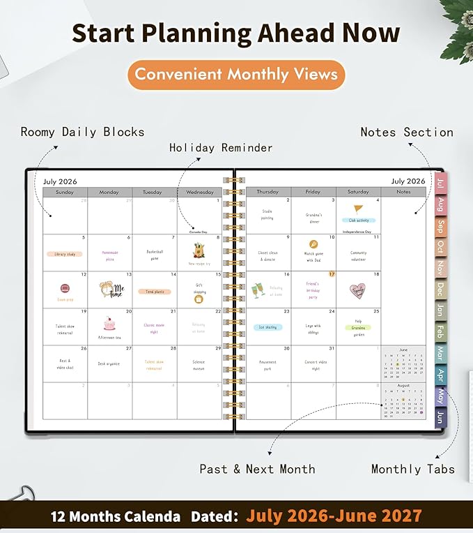 Academic Planner 2026-2027, Weekly and Monthly Calendar Planner from July 2026 - June 2027, 6.1" x 8.2" A5 Large Daily Agenda Book with Tabs, Flexible Cover, College School Organizer for Student Teacher, Black