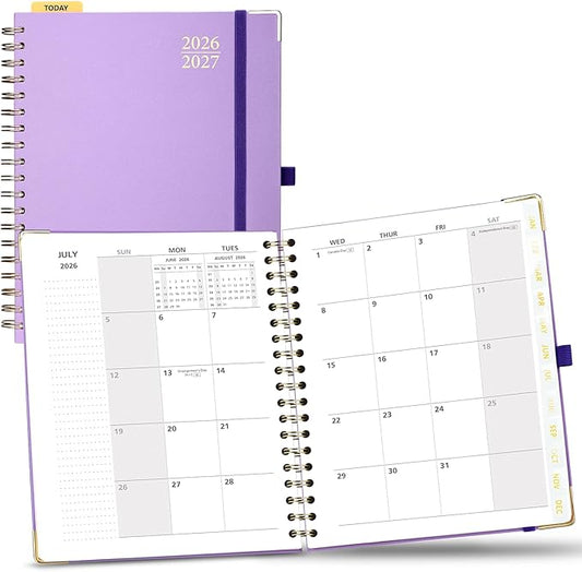 POPRUN Monthly Planner 2026-2027 Spiral Hardcover (8'' x 10''), 18 Months Calendar (Jan.2026-Jun.2027) - 2 Pages per Month with Dotted Note Pages, Sunday Start, Laminated Tab - Violet