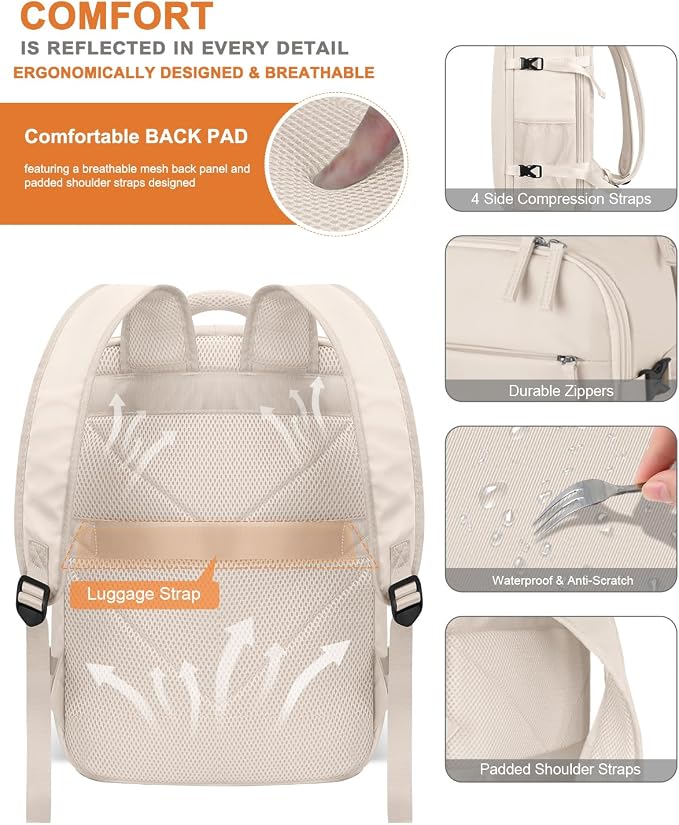 Capolo Travel Backpack for Women Men Waterproof Laptop Backpack Airlines Approved Carry On Backpack Bag Computer Bookbag for Business, Work, Traveling Fits 15.6 Inch Laptop(Beige)