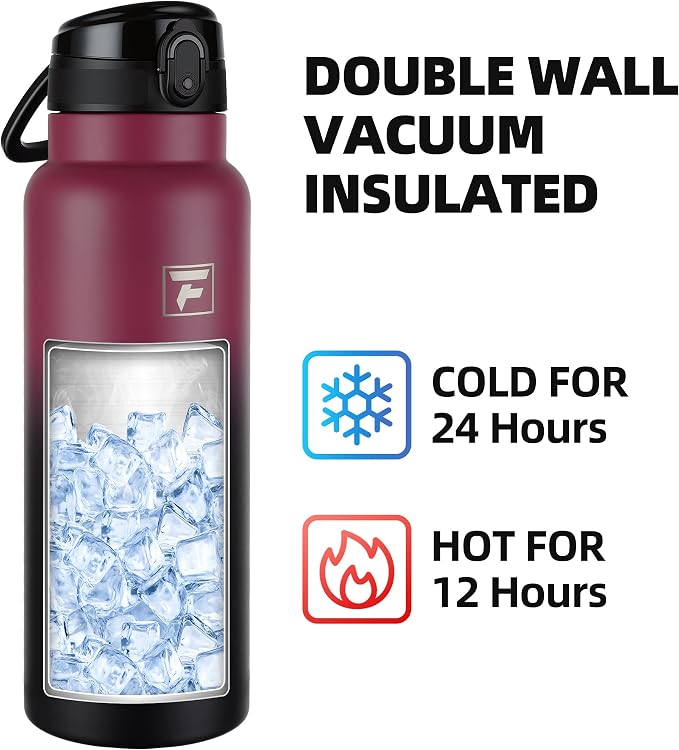 Fanhaw 40 Oz Insulated Stainless Steel Water Bottle with Chug Lid – Wide Mouth, Leak-Proof, BPA-Free – Ideal for Kids, Adults, Sports, Gym, and Outdoor Use (Red Black)